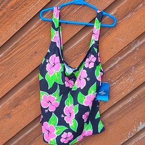 NWT Jantzen Black, Pink and Green Floral Tankini Top